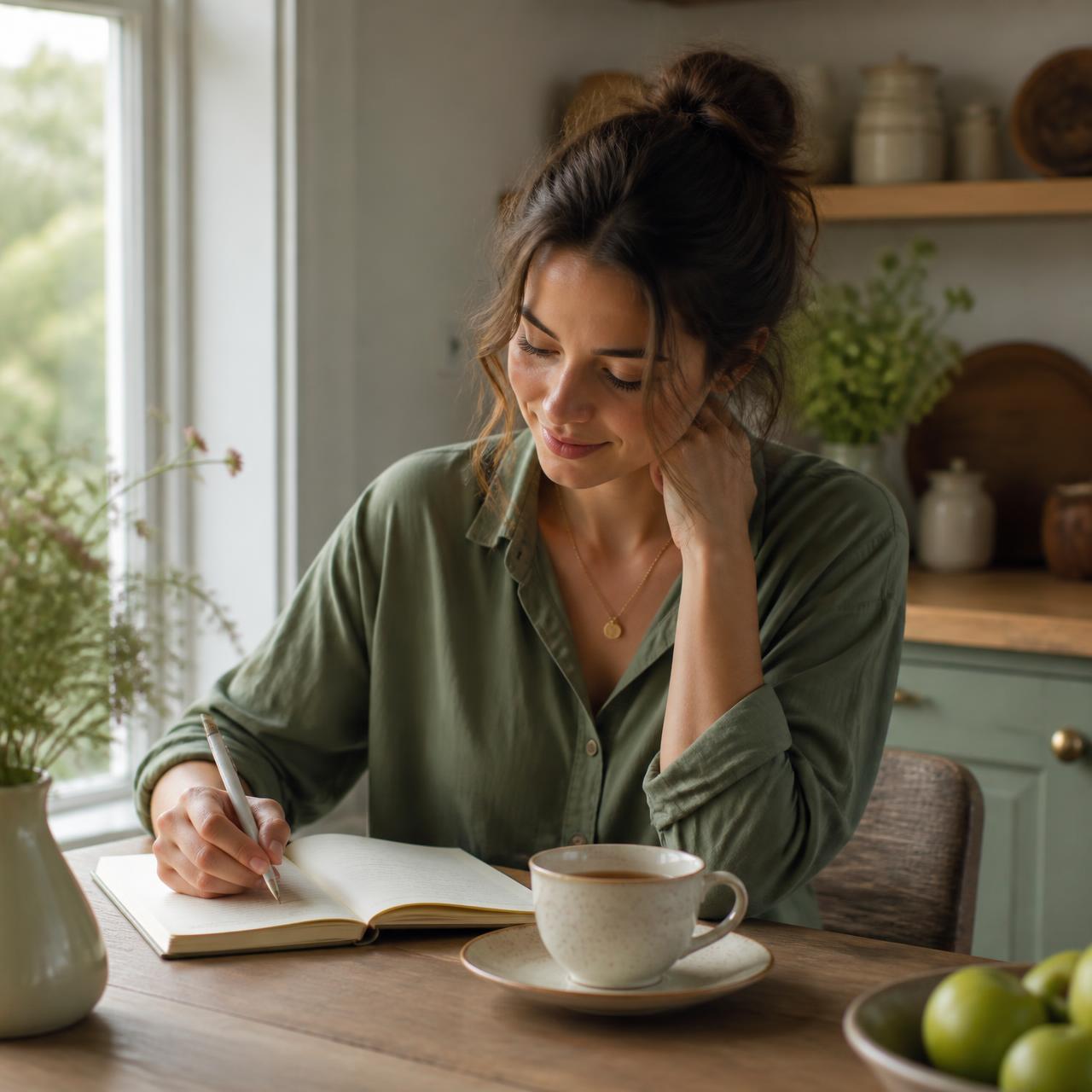 A person sitting at a sunlit kitchen table, writing symptom notes in a journal beside a cup of tea